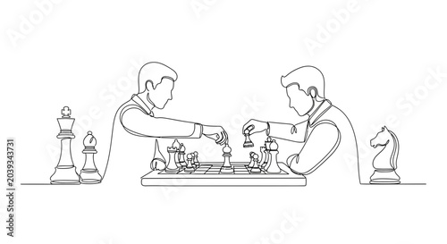 Bild auf Leinwand Two men playing chess, continuous line drawing