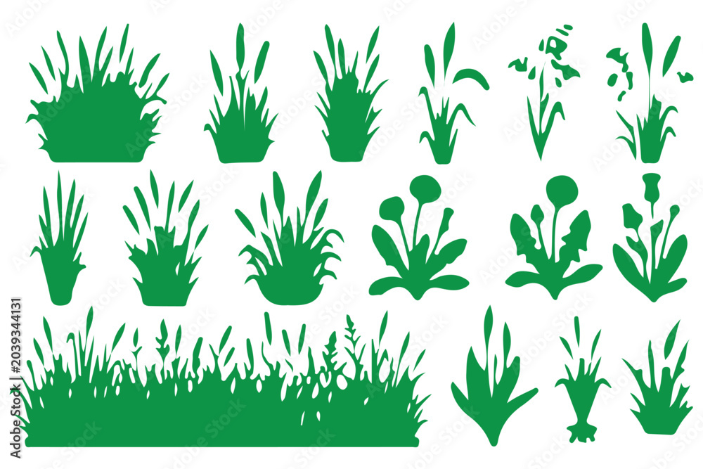 Fototapeta premium Cattails and Reed Grass Silhouettes Collection Featuring Marsh Plants Black Vector Icons Set 