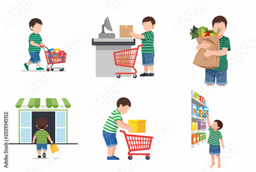 Cute Little Boy Grocery Shopping Vector Illustration Set in Supermarket
