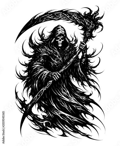 Foto Detailed grim reaper holding giant scythe vector illustration in dark black meta