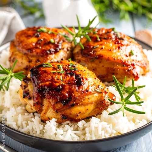 Roasted chicken thighs served with rice