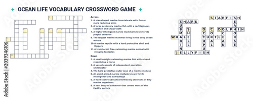 Fotografie Ocean life vocabulary crossword puzzle game with solution for marine biology edu