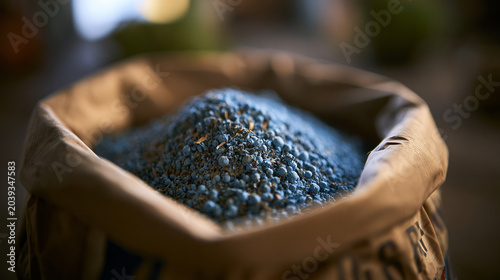 Open Paper Sack Filled With Blue Granular Chemical Fertilizer For Agriculture
