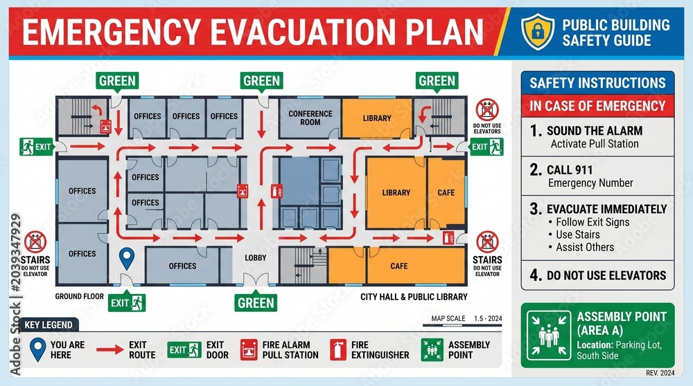 Fototapeta premium Public building emergency evacuation plan map with safety instructions, building