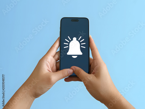 A person holding a smartphone displaying a notification bell icon against a clear blue sky background.