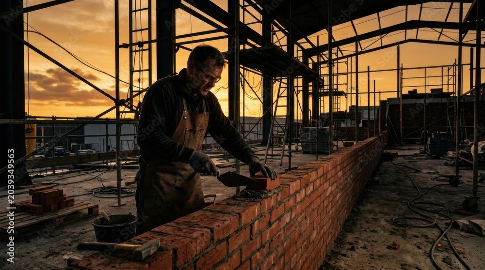 Fototapeta premium Architect Building a Brick Wall Under the Sunset Sky with Industrial Framework