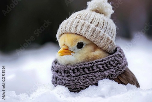 Adorable chick bundled in a knitted hat for winter.