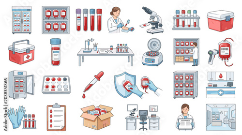 Colorful vector laboratory set with blood samples, test tubes, microscope, refrigerator, medical equipment and clinical diagnostic research icons