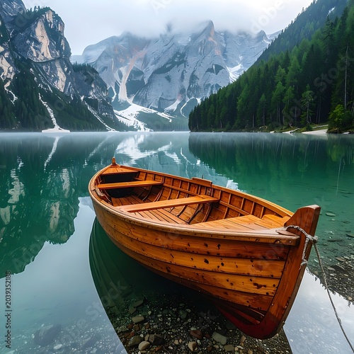 Wooden boat on serene lake water.