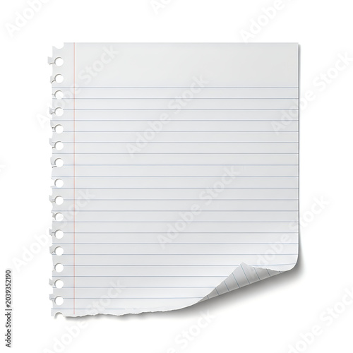 A single sheet of lined paper torn from a spiral notebook with a curled bottom corner edge