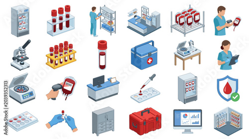 Colorful vector laboratory icon set with blood samples, microscopes, test tubes, lab benches, storage cabinets and medical research tools