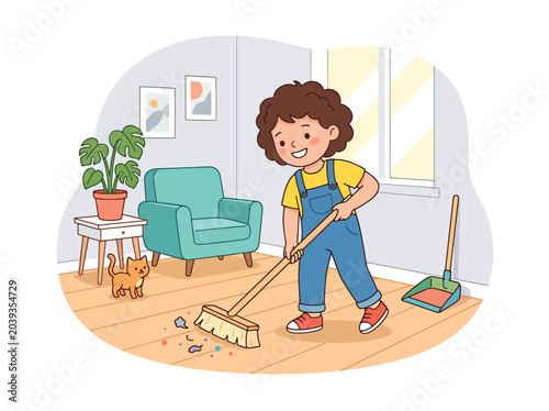 flat vector illustration of child helping parents clean house showing family responsibility and positive behavior education concept