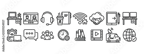 Foto Remote work icon vector set of work from home digital nomad and virtual collabor