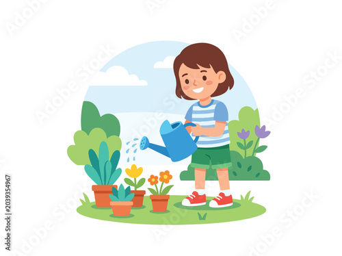 flat vector illustration of child watering plants in garden showing environmental awareness and responsibility habits for children