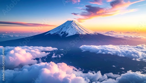 Majestic, snow-capped mountain peak rising above a sea of fluffy white clouds under a vibrant, colorful sky