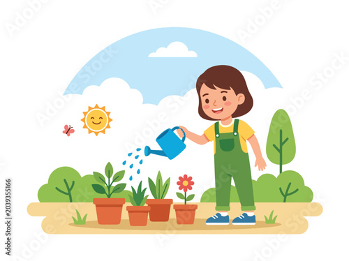 flat vector illustration of child watering plants in garden showing environmental awareness and responsibility habits for children