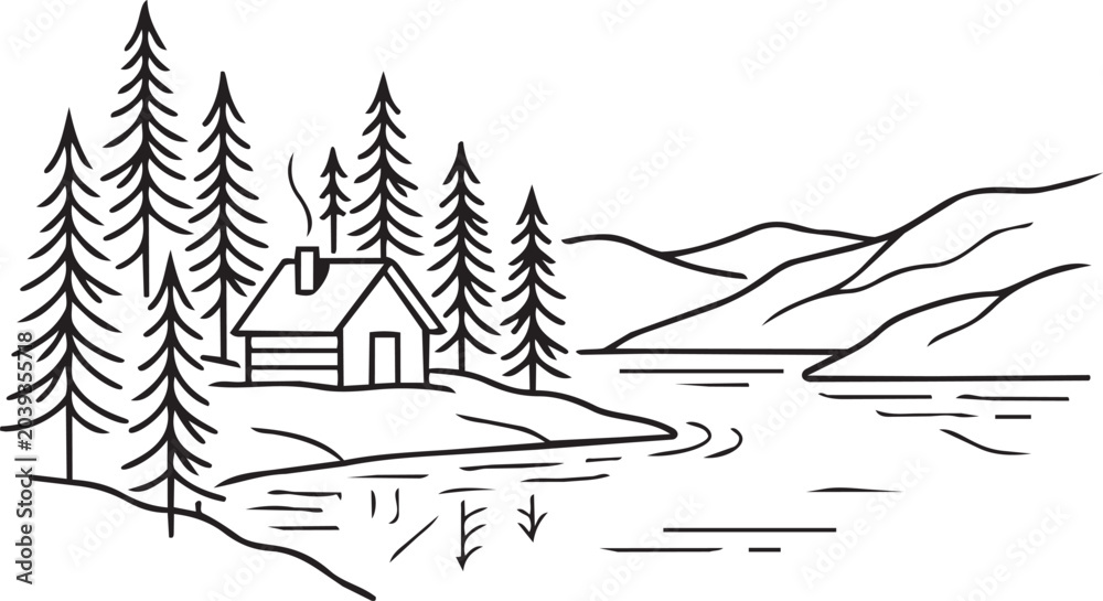 Fototapeta premium Log cabin in pine forest by mountain lake line art illustration