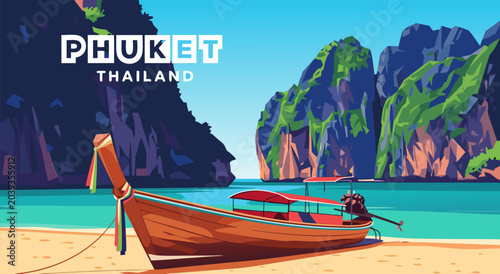 Phuket Thailand Longtail Boat Beach Landscape Vector Illustration