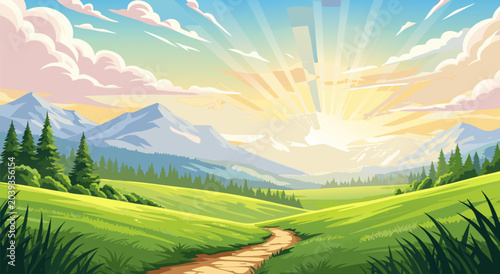 Cuadro en lienzo Vibrant vector illustration of a picturesque mountain landscape at sunrise with