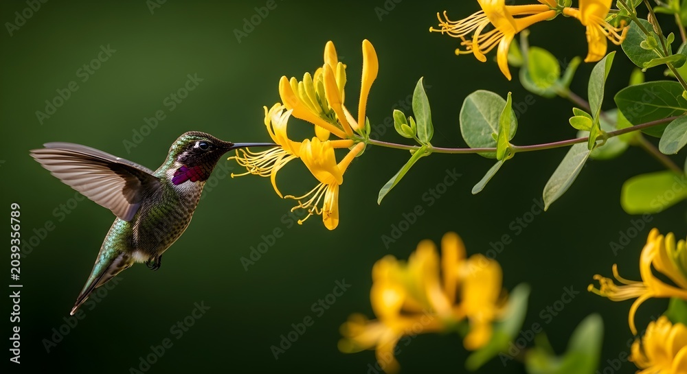 Naklejka premium Hummingbird Feeding on Yellow Flowers with Green Background