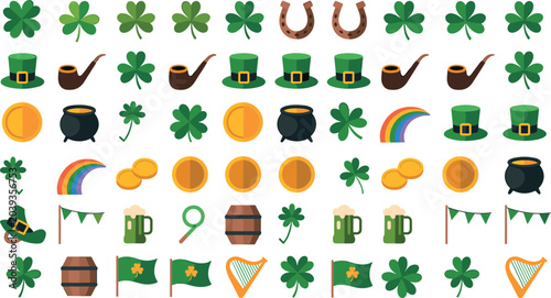 Canvastavla Saint Patricks Day Icon Set with Flat Irish Shamrock Clovers, Green Leprechaun H