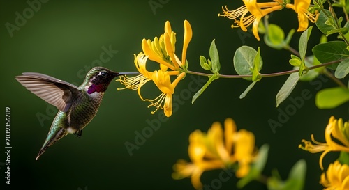 Hummingbird Feeding on Yellow Flowers with Green Background