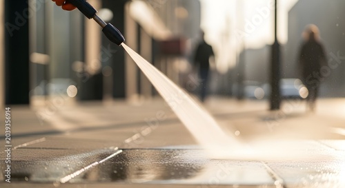 Worker Using Pressure Washer to Clean Outdoor Pavement Area