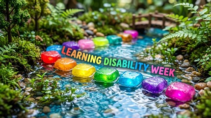 Miniature River Journey with Rainbow Cubes spelling 'LEARNING DISABILITY WEEK' on Mossy Banks