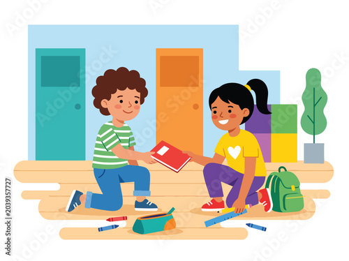 flat vector illustration of child helping friend pick up dropped school items showing kindness and positive social behavior education