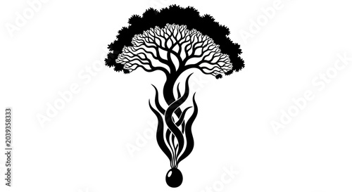 Foto Symbolic tree with roots like flames, abstract black and white design