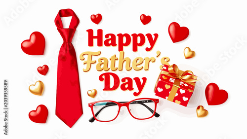Fotografie Father's Day, Happy Father's Day, Red Hearts, Gift, Tie, Glasses, Celebration