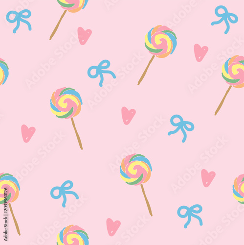 Pastel Lollipop Seamless Pattern With Hearts and Bows. Cute Pink Candy Background For Kids