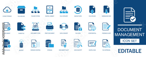 Tableau sur toile Document management and cloud storage icon set