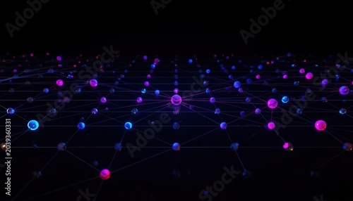 Digital network grid background with glowing purple and blue nodes technology background connection abstract particles communication structure intelligence geometric interaction computing