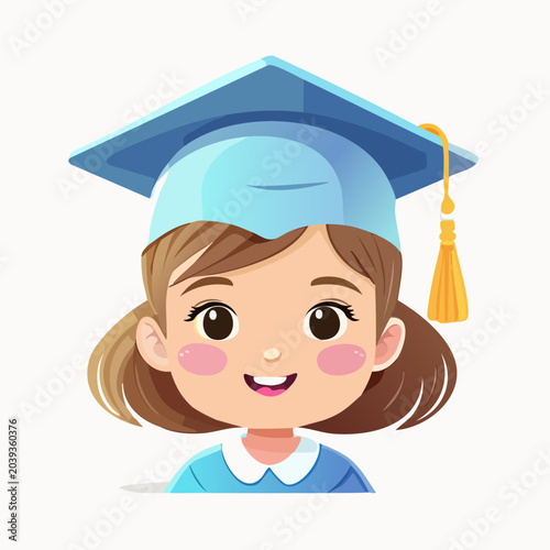 Cute cartoon girl student wearing a graduation cap and smiling.