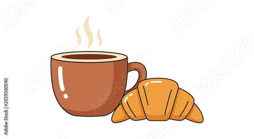 Schilderij op canvas Steaming Coffee Cup with Croissant, Breakfast Food Illustration
