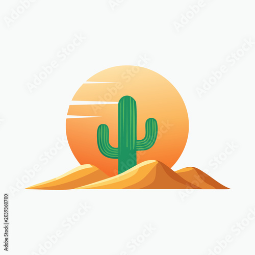 Desert landscape with cactus and sun, a beautiful illustration.