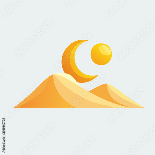 Desert Landscape with Crescent Moon and Sun.