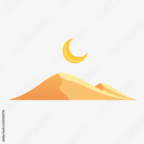 Desert Landscape with Crescent Moon in the Night Sky.