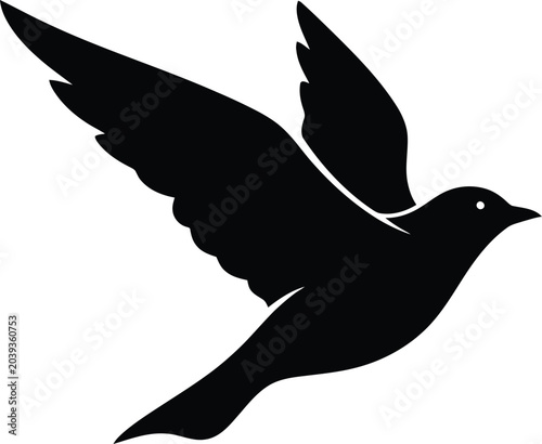 Black silhouette of a bird with wings spread wide in mid-flight against a plain white backdrop.