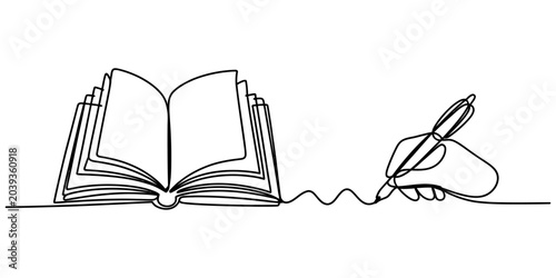 Tableau sur toile Drawing of hand writing with fountain pen and open book