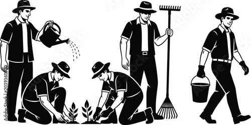 Gardener performing various tasks like watering, planting, and raking in a garden.