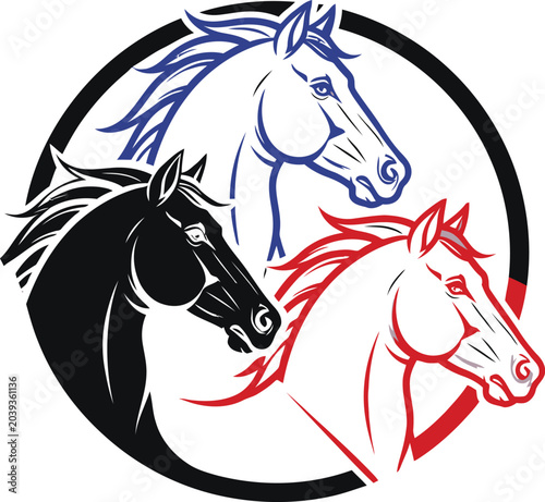 Three stylized horse heads in different colors arranged in a circular pattern.