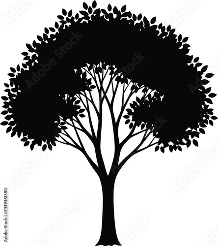 A detailed silhouette of a deciduous tree with a dense canopy of leaves against a plain white.