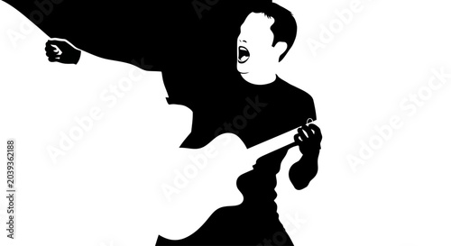 Photos Energetic Male Guitarist Performing with Passion, Black and White Silhouette