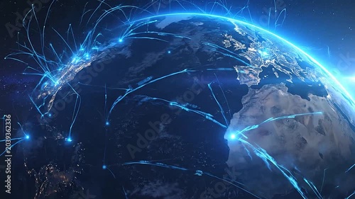 A glowing digital network connects the planet with bright data lines in deep space