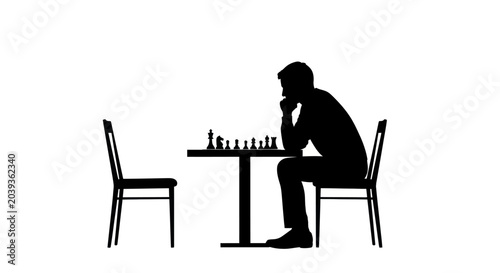 Cuadro en lienzo Silhouette of a man playing chess, deep in thought, against a white background