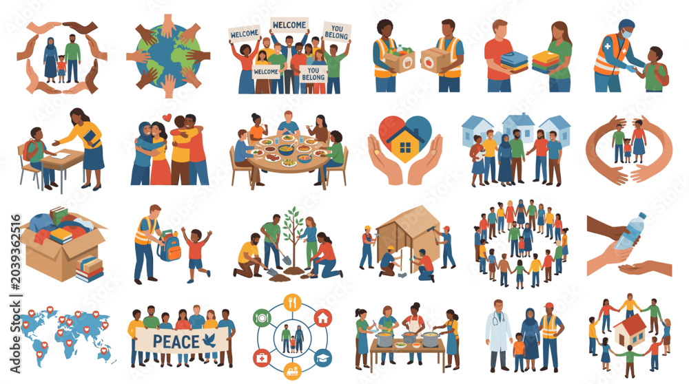 Obraz premium Colorful community peace vector set with diverse people, teamwork, volunteering, garden, welcome sign, hands, friendship and social care scenes