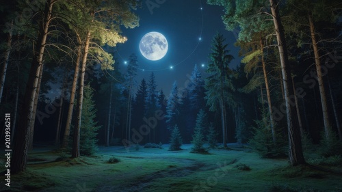 Magical full moon in a dark forest at night with stars and trees