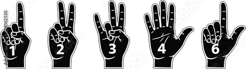 Fingers count from one to five and six on foam hands for promotional purposes.